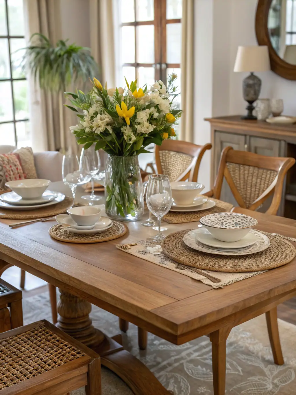 A close-up shot of a handcrafted wooden dining table with a unique grain pattern and a smooth, polished finish, surrounded by stylish chairs.