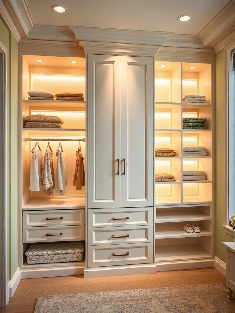 A photograph of a custom-built wardrobe with ample storage space, featuring a sleek design and high-quality hardware, installed in a modern bedroom.