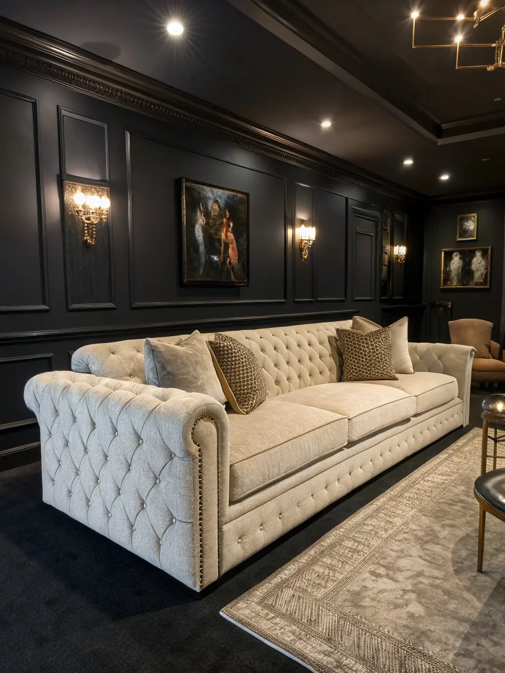 A high-resolution photograph showcasing a custom-designed sofa with luxurious velvet upholstery and intricate detailing, set in a modern living room.